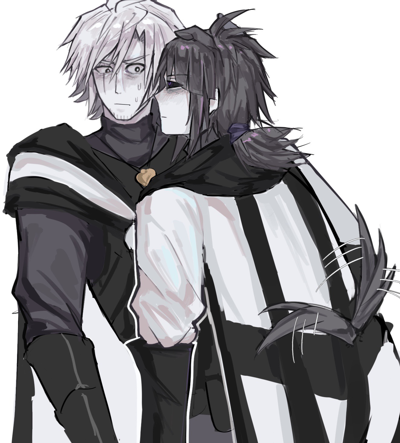 chara (undertale), frisk (undertale), undertale, utdr (toby fox), xtale, chinese commentary, commentary request, highres, 2boys, alternate universe, animal ears, antenna hair, armor, armored gloves, bags under eyes, black armor, black eyes, black hair, black sclera, black shirt, black tail, bright pupils, brothers, cape, closed mouth, colored sclera, colored skin, dobaosh, dog boy, dog ears, dog tail, elbow gloves, eye contact, face-to-face, facial hair, frown, gloves, gold necklace, hair between eyes, hair tie, jewelry, kemonomimi mode, looking at another, low ponytail, male focus, medium hair, multiple boys, necklace, ponytail, profile, purple eyes, scar, scar across eye, scar on face, shirt, short hair, siblings, simple background, sweat, tail, tail wagging, turtleneck, turtleneck shirt, upper body, v-shaped eyebrows, white background, white cape, white hair, white pupils, white shirt, white skin