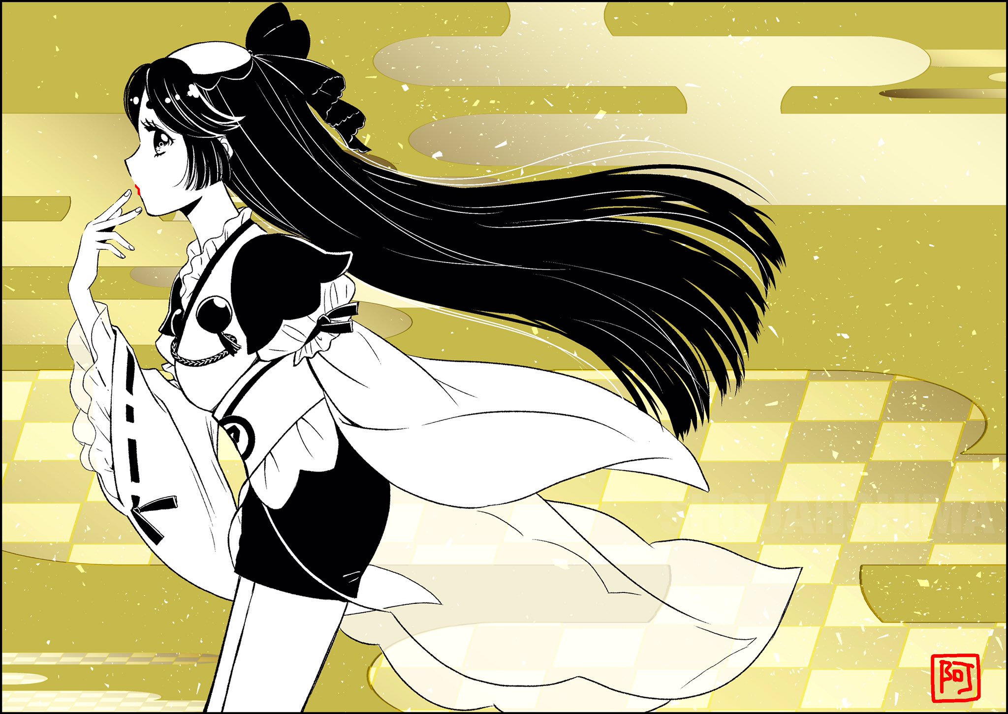 azuma sara, sarazanmai, commentary request, highres, 1girl, egasumi, eyelashes, from side, hair ribbon, hat, japanese clothes, lipstick, long hair, long sleeves, makeup, monochrome, naozanet, ribbon, ribbon-trimmed sleeves, ribbon trim, signature, solo, tassel, thick eyebrows, very long hair, wide sleeves