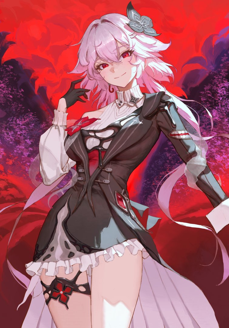 sib (9obsl), evernight (honkai: star rail), march 7th (honkai: star rail), honkai: star rail, honkai (series), 1girl, black dress, black flower, black gloves, closed mouth, collared shirt, cowboy shot, dress, earrings, flower, frilled dress, frills, gloves, hair flower, hair ornament, hand up, high collar, jewelry, long hair, looking ahead, looking at viewer, pink hair, red background, red eyes, shirt, smile, solo, thigh strap, white shirt