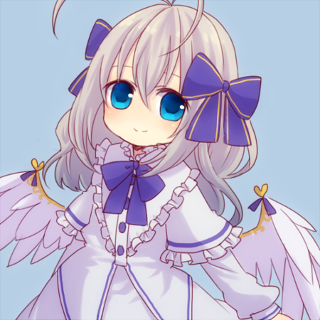 yellow (artist), angel feather alma, emil chronicle online, lowres, 1girl, antenna hair, blue background, blue bow, blue eyes, blue ribbon, bow, bowtie, capelet, frilled capelet, frilled shirt, frills, hair ribbon, looking at viewer, ribbon, shirt, skirt, solo, white capelet, white shirt, white skirt, white wings, wing ornament, wings