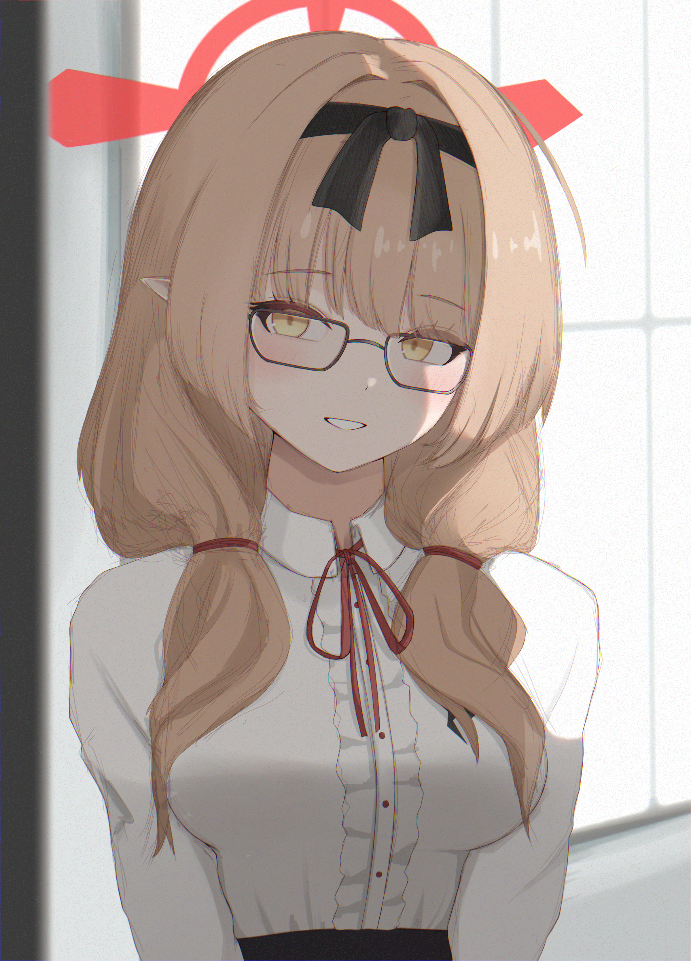 chinatsu (blue archive), blue archive, absurdres, commentary, commentary request, english commentary, highres, mixed-language commentary, 1girl, black-framed eyewear, black hairband, blurry, blurry background, blush, breasts, brown hair, center frills, collared shirt, frills, glasses, grin, hairband, halo, large breasts, long hair, looking at viewer, neck ribbon, pointy ears, red halo, red ribbon, ribbon, sepi2237, shirt, smile, solo, twintails, white shirt, yellow eyes
