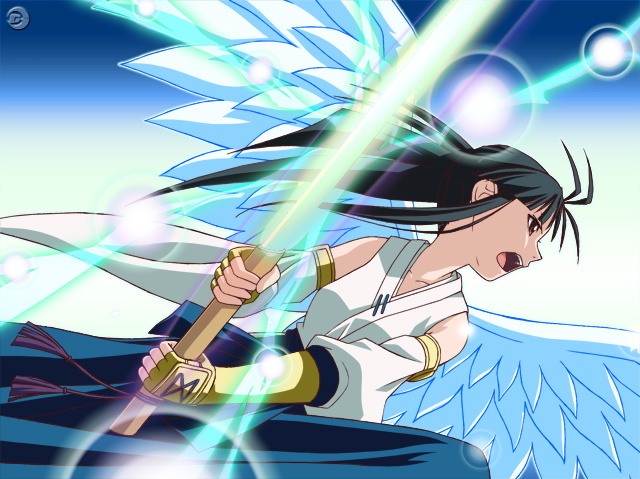 sakurazaki setsuna, mahou sensei negima!, 00s, 1girl, detached sleeves, female focus, japanese clothes, solo, sword, weapon, wings