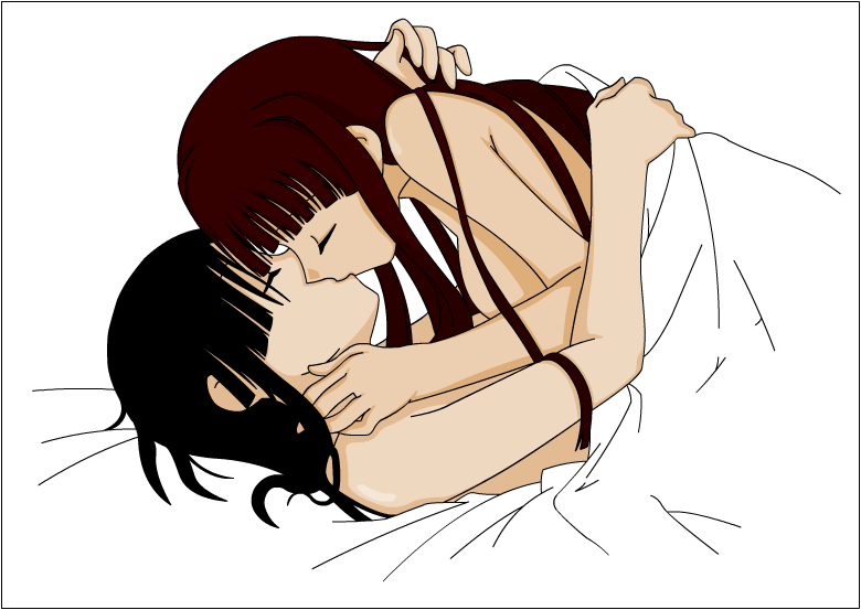 konoe konoka, sakurazaki setsuna, mahou sensei negima!, artist request, derivative work, 00s, 2girls, bare shoulders, bed, bed sheet, black hair, breast press, breasts, brown hair, closed eyes, couple, covering privates, female focus, girl on top, hime cut, hug, kiss, long hair, lying, multiple girls, naked sheet, nude, nude cover, on back, under covers, yuri