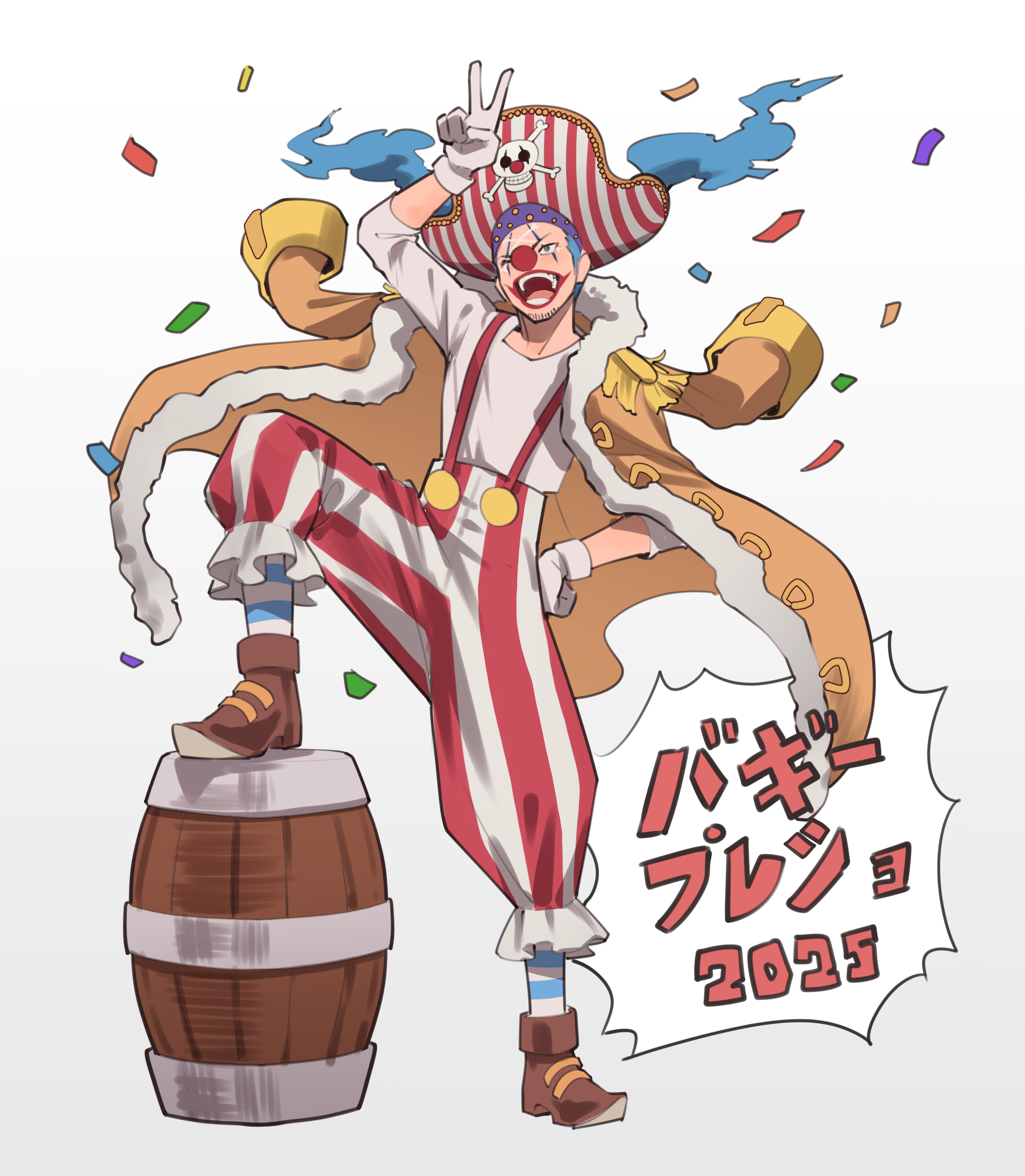 ngumngim, buggy the clown, one piece, absurdres, commentary request, highres, translation request, 1boy, barrel, blue hair, brown coat, brown shoes, captain morgan pose, clown nose, coat, confetti, facepaint, facial hair, full body, gloves, goatee stubble, hat, long hair, male focus, open mouth, pants, pirate hat, shirt, shoes, simple background, socks, striped clothes, striped pants, striped socks, stubble, twintails, v, white gloves, white shirt