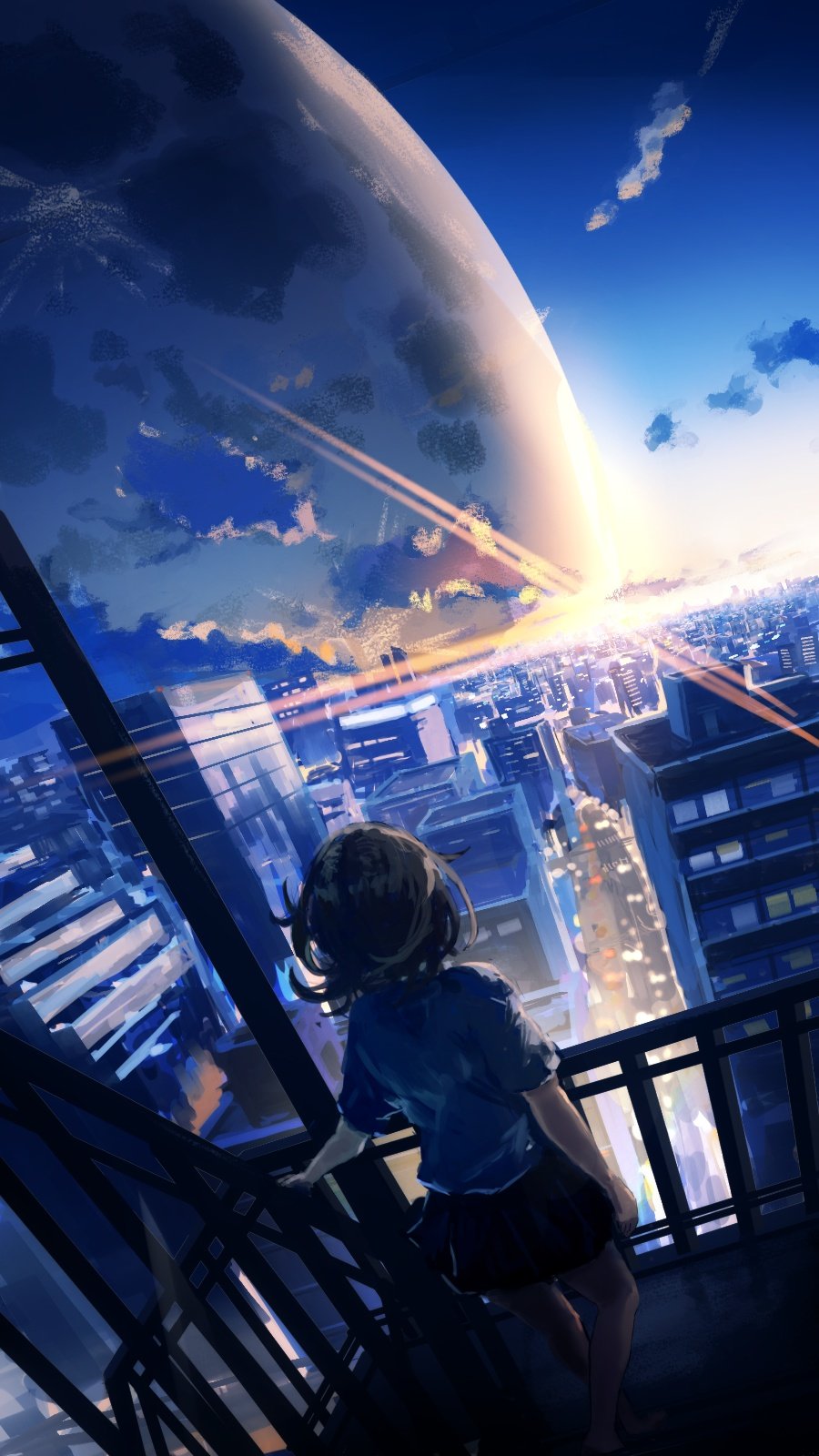 original, highres, 1girl, balcony, black hair, blue shirt, blue sky, building, city, cityscape, cloud, dutch angle, facing away, from behind, outdoors, railing, sanmen (threeface il), scenery, shirt, short hair, short sleeves, sky, solo, sun, sunlight, sunrise