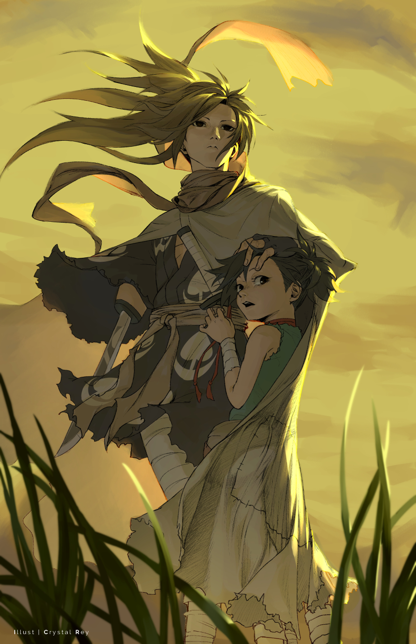 crystalreydraws, dororo (character), hyakkimaru (dororo), dororo (tezuka), highres, 1boy, 1girl, amputee, bandaged arm, bandages, bare shoulders, black eyes, black hair, black kimono, closed mouth, cloud, cloudy sky, feet out of frame, grass, green shirt, japanese clothes, kimono, long hair, open mouth, ponytail, prosthesis, prosthetic arm, shirt, sky, sword, torn clothes, weapon
