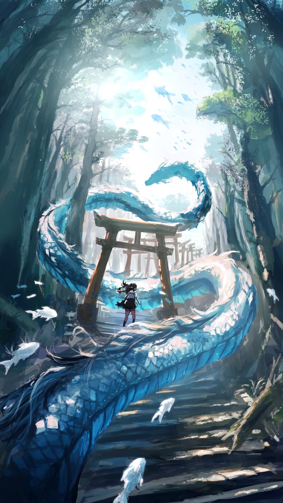 original, highres, 1girl, black hair, black skirt, day, dragon, eastern dragon, fish, forest, from behind, horns, long hair, nature, outdoors, sanmen (threeface il), scenery, skirt, solo, stairs, torii, tree, wide shot