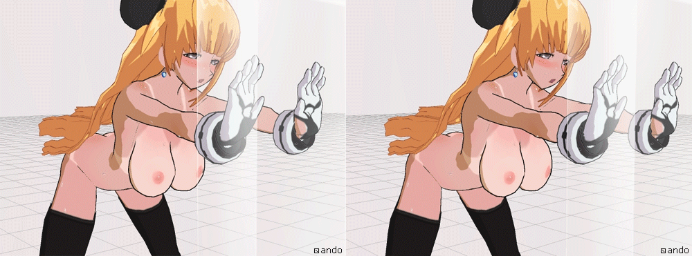 3d custom girl, animated, animated gif, 3d, blonde hair, breasts, double bun, gloves, large breasts, long hair, stereogram, thighhighs