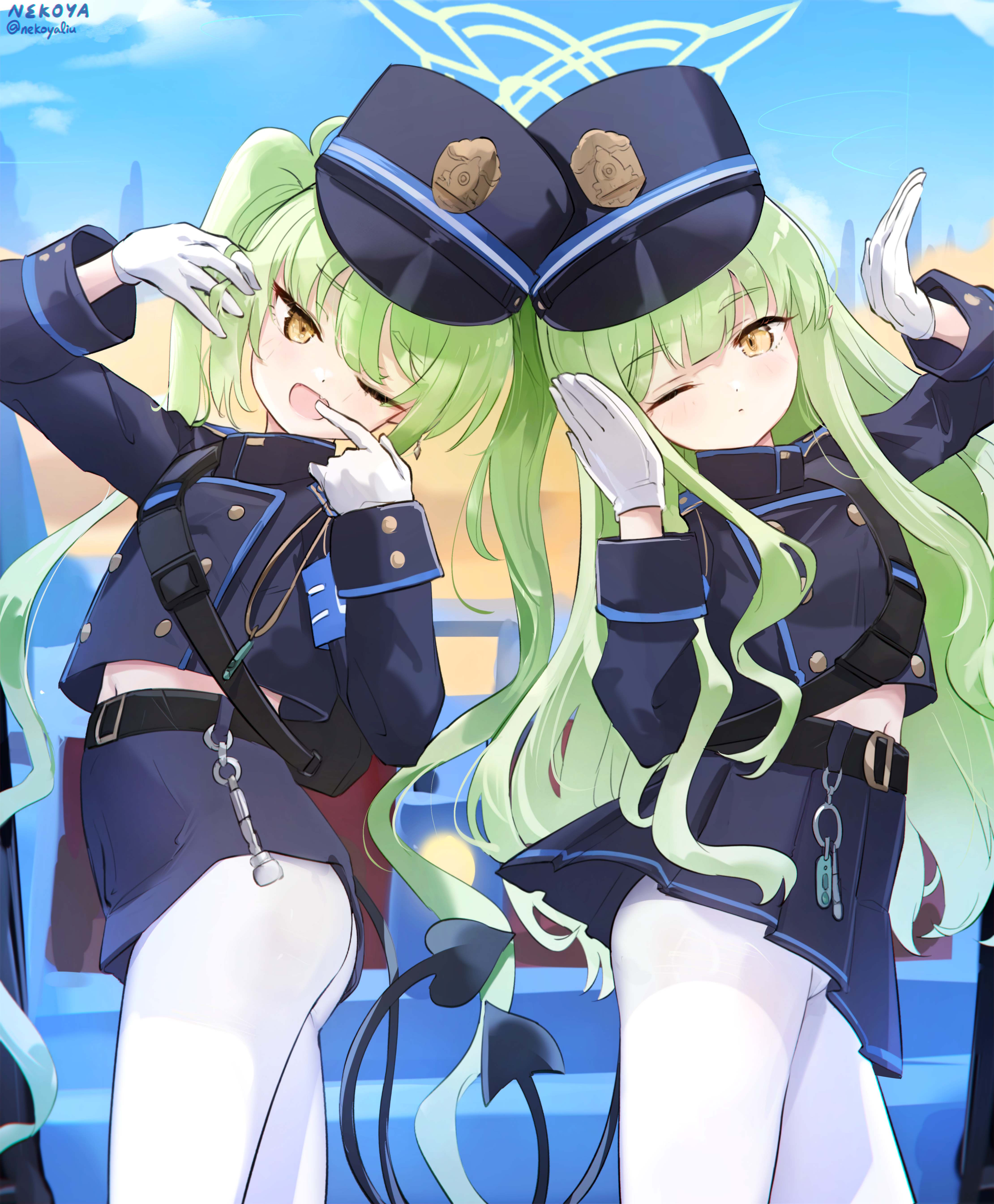 nekoya (liu), hikari (blue archive), nozomi (blue archive), blue archive, absurdres, commentary request, highres, 2girls, ;d, armband, ass, black skirt, black tail, blue armband, blue sky, blush, buttons, day, demon tail, double-breasted, fang, gloves, green hair, green halo, halo, hat, long hair, long sleeves, looking at viewer, making faces, midriff, multiple girls, one eye closed, open mouth, pantyhose, peaked cap, pointy ears, siblings, sisters, skirt, sky, smile, tail, train conductor, twins, twintails, white gloves, white pantyhose, yellow eyes