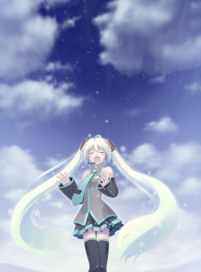 mochizuki saku, hatsune miku, vocaloid, bad id, bad pixiv id, 1girl, closed eyes, cloud, day, detached sleeves, female focus, long hair, necktie, skirt, sky, solo, star (sky), star (symbol), starry sky, thighhighs, twintails, very long hair, white hair, zettai ryouiki