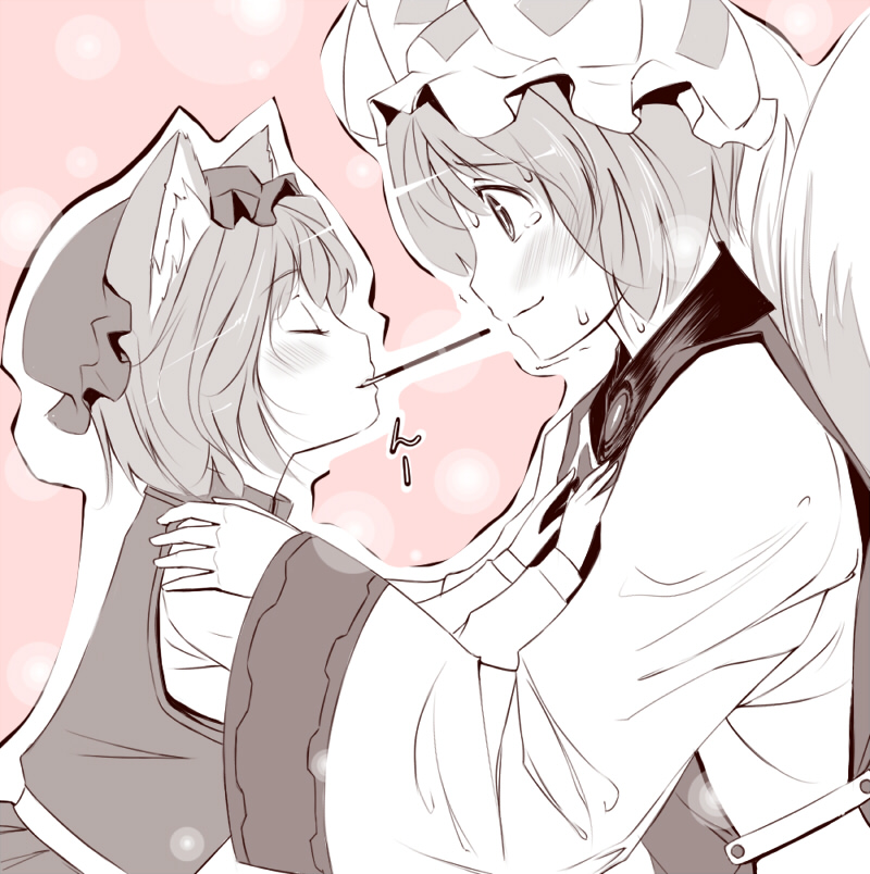 gustav (telomere na), chen, yakumo ran, touhou, 2girls, age difference, blush, child, female focus, food, monochrome, multiple girls, onee-loli, pink background, pink theme, pocky, pocky kiss, shared food, sweat, upper body, yuri