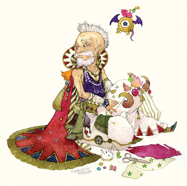 sakizou, strago magus, final fantasy, final fantasy vi, bad id, bad pixiv id, painting (medium), traditional media, watercolor (medium), 1990s (style), 1boy, male focus, old, old man, retro artstyle, solo, white background