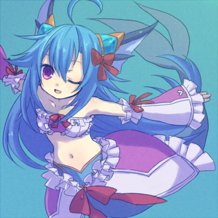 yellow (artist), lorelei lore, emil chronicle online, lowres, 1girl, ahoge, blue background, blue hair, detached sleeves, fins, frilled skirt, frilled sleeves, frills, hair ribbon, head fins, long hair, mermaid, monster girl, navel, one eye closed, open mouth, pink sleeves, pink tube top, purple eyes, purple skirt, red ribbon, ribbon, skirt, solo focus, strapless, tube top, wide sleeves