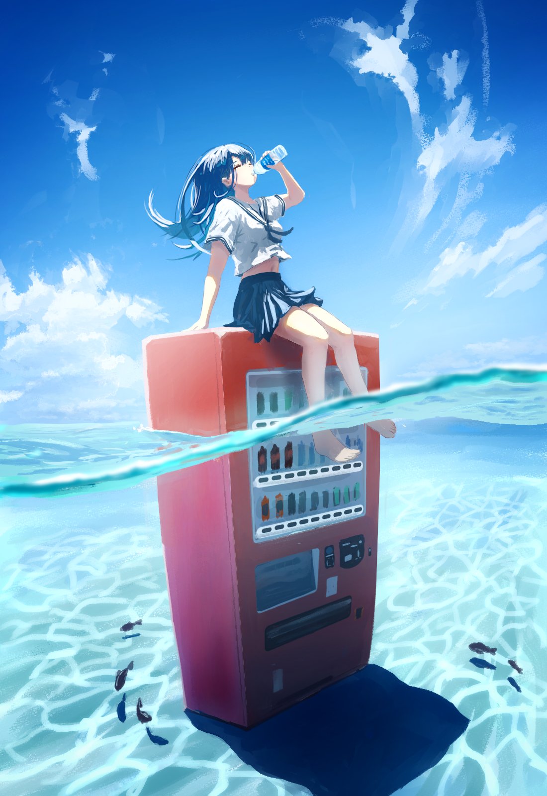 original, highres, 1girl, bare legs, barefoot, blue hair, blue neckerchief, blue skirt, blue sky, bottle, closed eyes, cloud, day, drinking, fish, holding, holding bottle, long hair, navel, neckerchief, outdoors, partially underwater shot, pleated skirt, sailor collar, sanmen (threeface il), school uniform, serafuku, shirt, short sleeves, sitting, skirt, sky, soaking feet, solo, vending machine, water, water bottle, white shirt