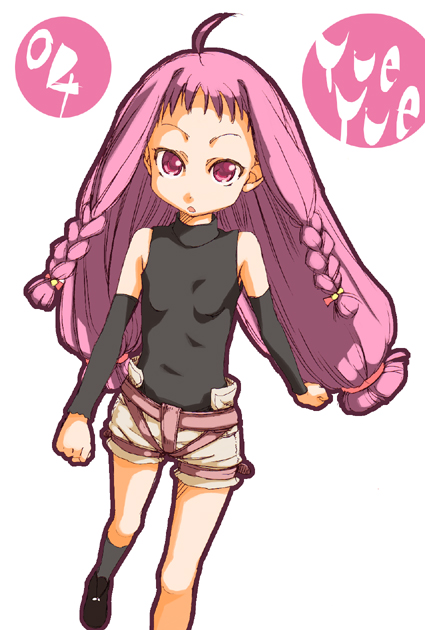 mikami komata, mikami konu, ayase yue, mahou sensei negima!, 00s, 1girl, ahoge, bare shoulders, braid, detached sleeves, female focus, flat chest, hair ribbon, long hair, low-tied long hair, pink eyes, pink hair, ribbon, shorts, solo, twin braids, twintails, walking