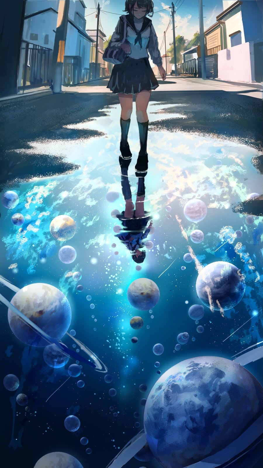 original, highres, 1girl, black hair, black socks, earth (planet), kneehighs, moon, planet, reflection, reflective water, ripples, sanmen (threeface il), scenery, school uniform, shoes, shooting star, skirt, sky, socks, solo, standing, star (sky), water