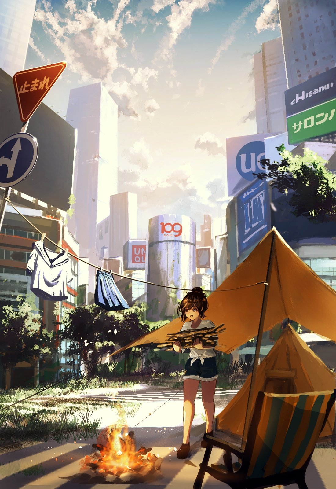 original, highres, 1girl, blue shorts, brown eyes, brown hair, building, city, cityscape, clothesline, cloud, crosswalk, day, denim, denim shorts, grass, hair bun, holding, laundry, open mouth, outdoors, real world location, road, road sign, sanmen (threeface il), scenery, school uniform, serafuku, shirt, shorts, sign, single hair bun, sky, skyscraper, solo, tied shirt, tokyo (city), tree, white shirt