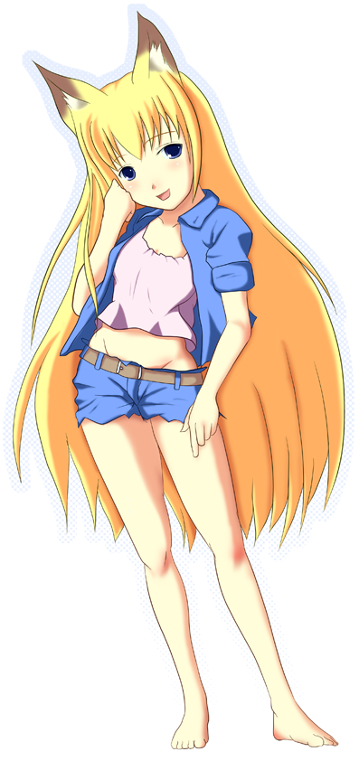 maguro (fufu), tenko kuugen, wagaya no oinari-sama, 00s, animal ears, barefoot, blonde hair, blue eyes, fox ears, long hair, midriff, solo, transparent background, very long hair