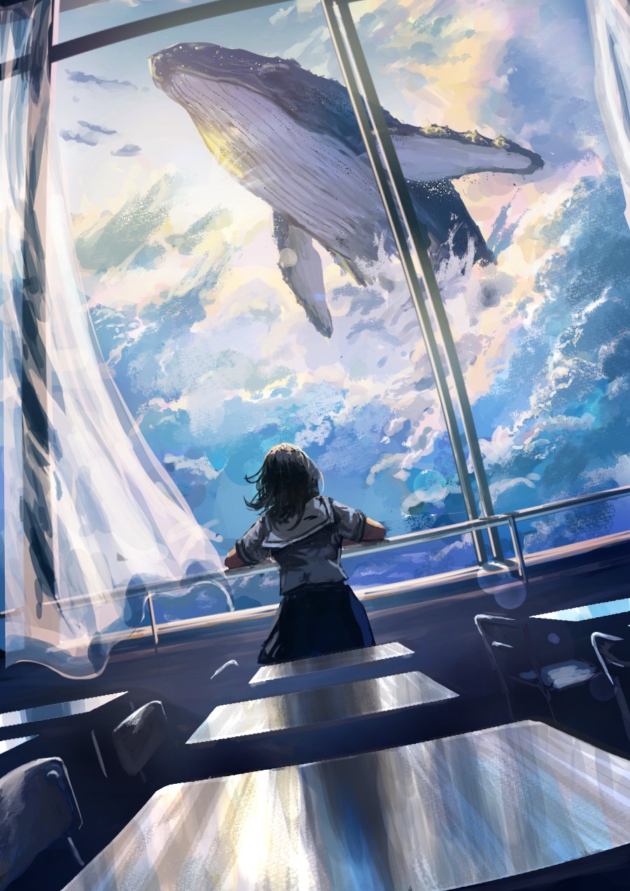 original, highres, 1girl, black hair, chair, classroom, cloud, cloudy sky, curtains, desk, dutch angle, facing away, from behind, indoors, sailor collar, sanmen (threeface il), scenery, school chair, school desk, school uniform, serafuku, short sleeves, sitting, skirt, sky, solo, surreal, whale, wind, window