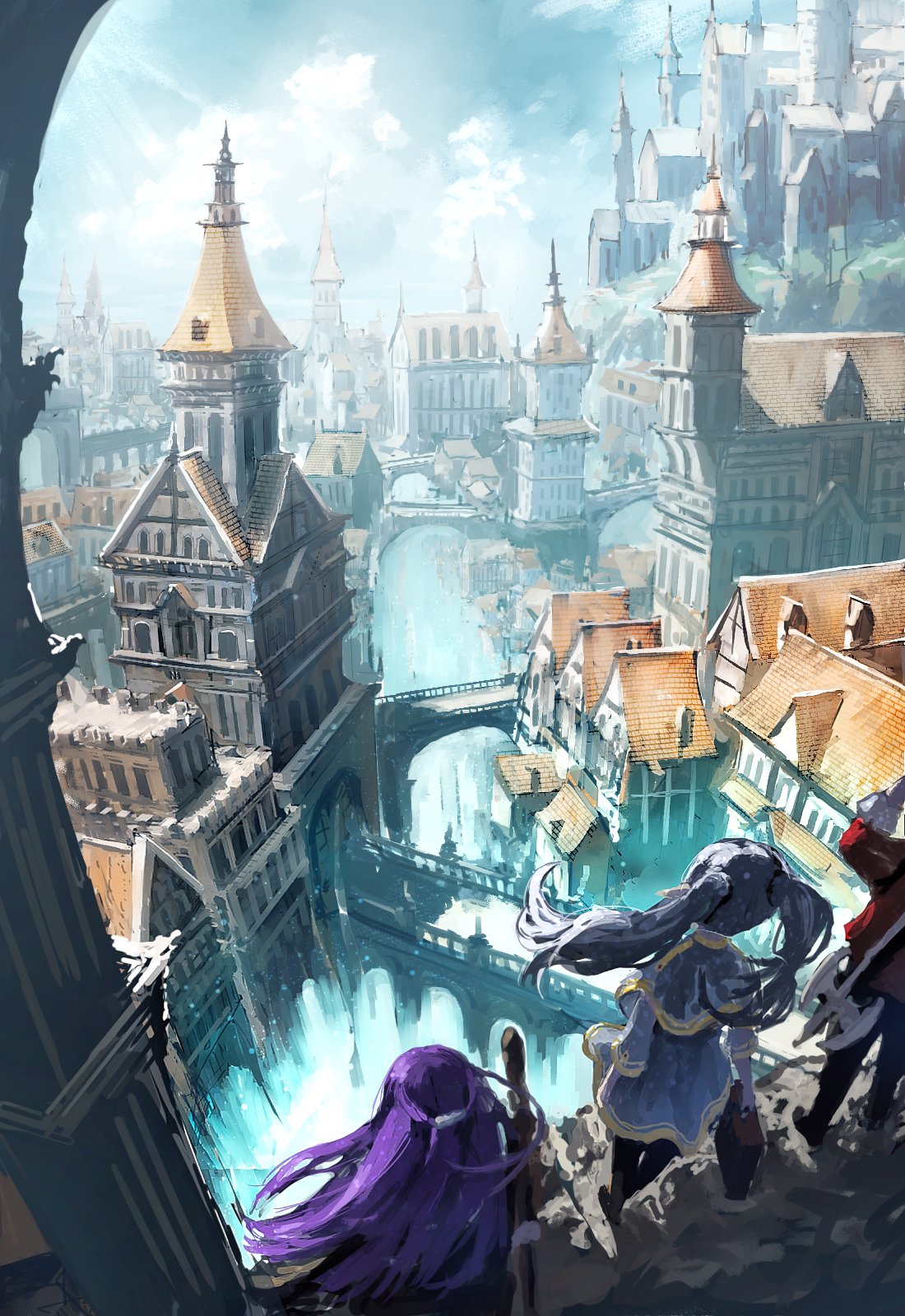 fern (sousou no frieren), frieren, stark (sousou no frieren), sousou no frieren, highres, 1boy, bridge, building, capelet, city, cityscape, day, elf, facing away, from behind, grey hair, holding, holding staff, jacket, long hair, mage staff, multiple girls, outdoors, pointy ears, purple hair, red jacket, sanmen (threeface il), scenery, staff, tower, twintails, weapon, weapon on back, white capelet, white hair