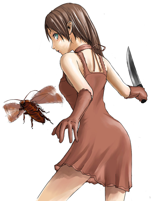 tea (nakenashi), fallout, fallout 3, 1girl, bug, cockroach, dress, elbow gloves, female focus, gloves, insect, knife, radroach, solo