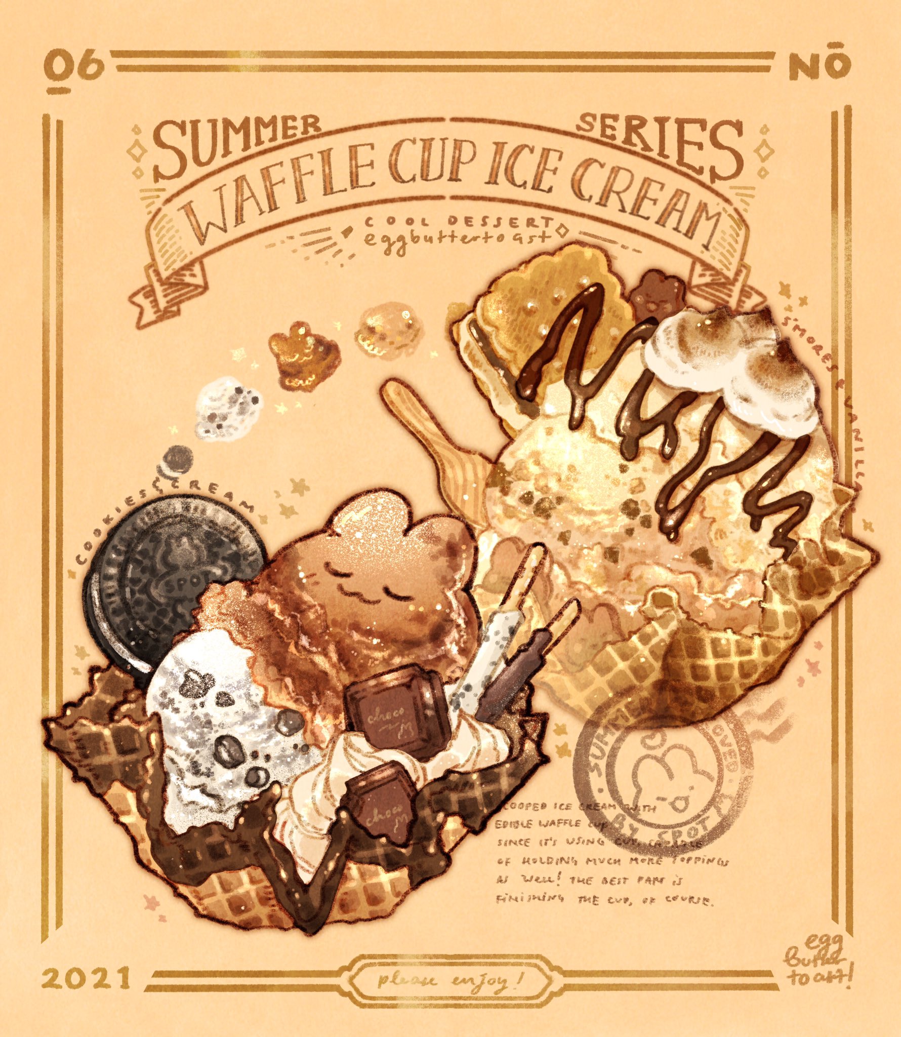 nao (bestrollever), original, commentary, english commentary, highres, 2021, animal-themed food, artist name, chocolate, chocolate syrup, english text, food, food focus, ice cream, ice cream cone, no humans, orange background, oreo, picture frame, pocky, s'more, sparkle, spoon, stamp mark, waffle cone, whipped cream, wooden spoon