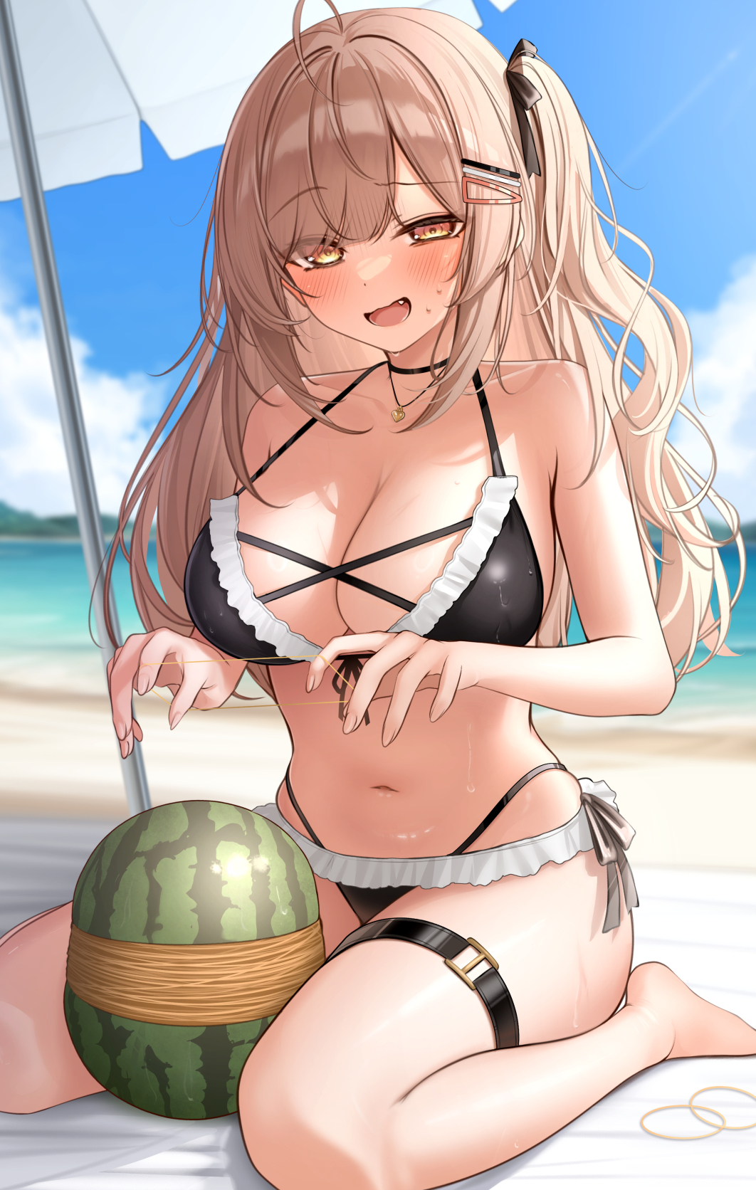 monaka curl, imouto-chan (monaka curl), original, commentary request, highres, paid reward available, 1girl, bare shoulders, barefoot, beach, bikini, black bikini, black choker, breasts, brown eyes, brown hair, choker, cleavage, day, food, fruit, hair ornament, hairclip, heart, heart necklace, jewelry, large breasts, long hair, looking at viewer, navel, necklace, open mouth, outdoors, parasol, raised eyebrow, rubber band, side ponytail, smile, solo, stomach, swimsuit, thigh strap, umbrella, watermelon