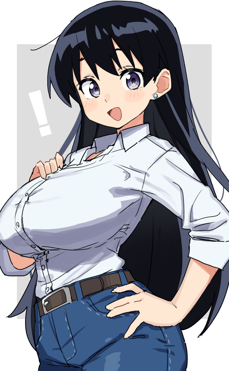 gazacy (dai), arato nagi, ruri no houseki, commentary request, highres, !, 1girl, belt, black hair, blue pants, breasts, brown belt, collared shirt, denim, grey background, jeans, large breasts, long hair, looking at viewer, open mouth, pants, purple eyes, shirt, solo, two-tone background, white background, white shirt