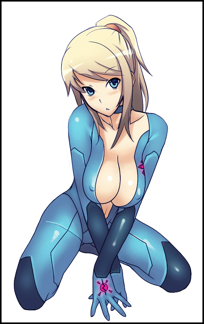 madkaiser, samus aran, metroid, nintendo, 1girl, blonde hair, blue eyes, bodysuit, breasts, cleavage, covered erect nipples, female focus, large breasts, open clothes, open shirt, ponytail, shirt, solo, zero suit