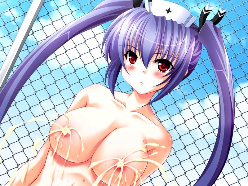 yama bikko, kooh (pangya), mayuzumi alisa, cc hospital, pangya, game cg, 1girl, against fence, blush, breasts, chain-link fence, day, expressionless, female focus, fence, lactation, large breasts, long hair, nipples, outdoors, purple hair, red eyes, sky, solo, topless female, twintails