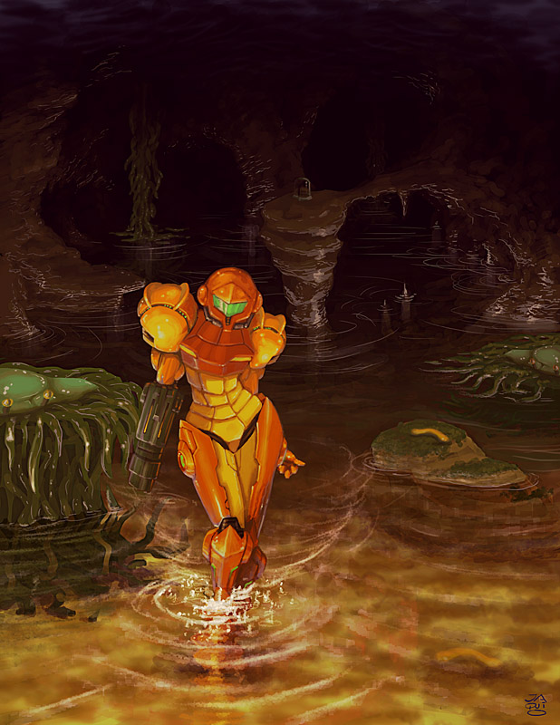 jaquio, samus aran, metroid, nintendo, 1girl, armor, cave, creature, female focus, mecha, power-up, power armor, power suit, power suit (metroid), robot, solo, varia suit, wading, water