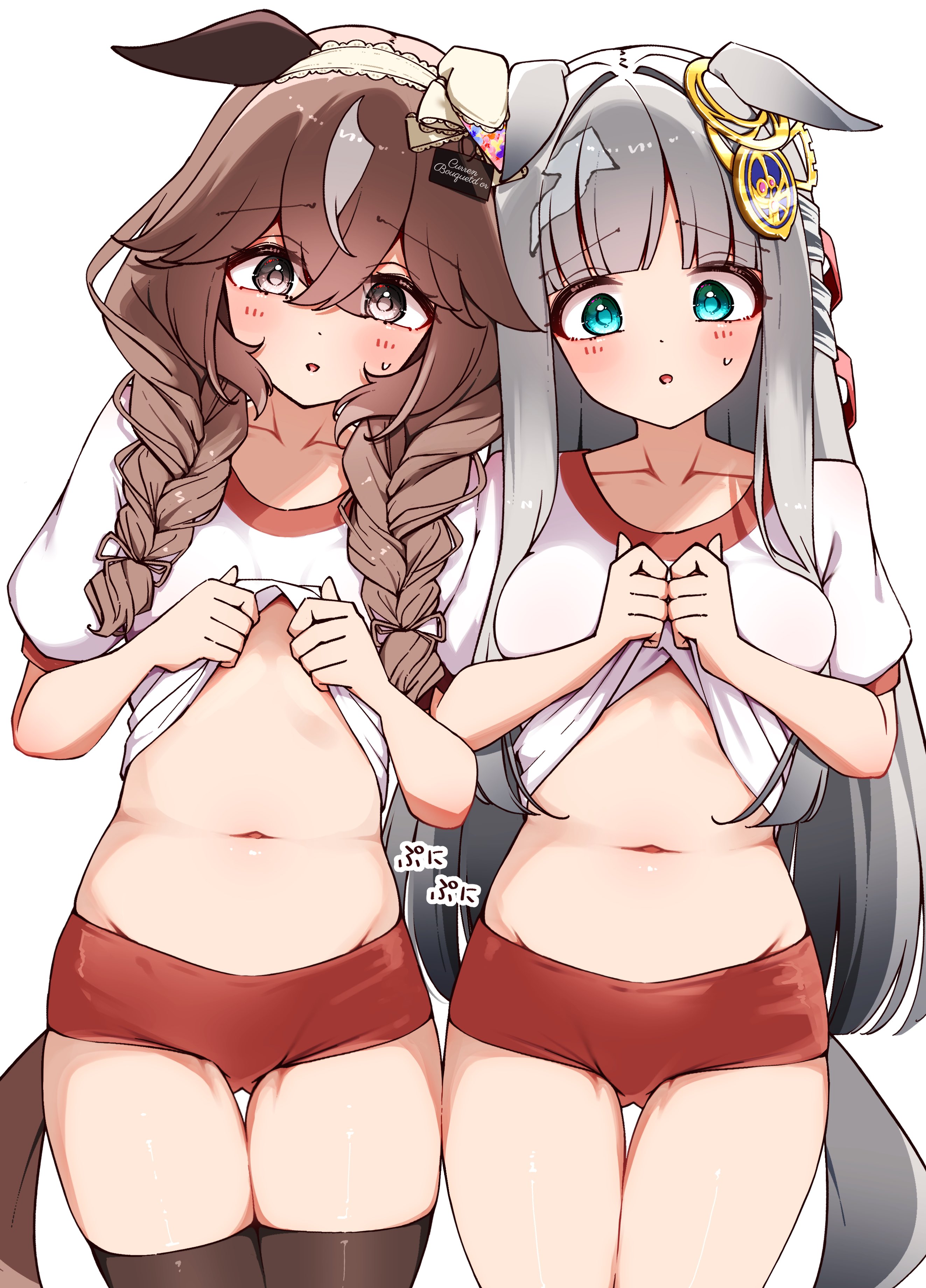ponta (1859ysmssstsp), chrono genesis (umamusume), curren bouquetd'or (umamusume), umamusume, absurdres, commentary request, highres, textless version, 2girls, alternate costume, animal ears, black thighhighs, blue eyes, blush, braid, breasts, buruma, clothes lift, furrowed brow, grey hair, groin, groin tendon, gym uniform, hair between eyes, hair ornament, horse ears, horse girl, lifting own clothes, long hair, looking at viewer, multiple girls, navel, open mouth, pursed lips, shirt lift, sweat, thighhighs, tracen training uniform, twin braids, weight conscious, white background, worried