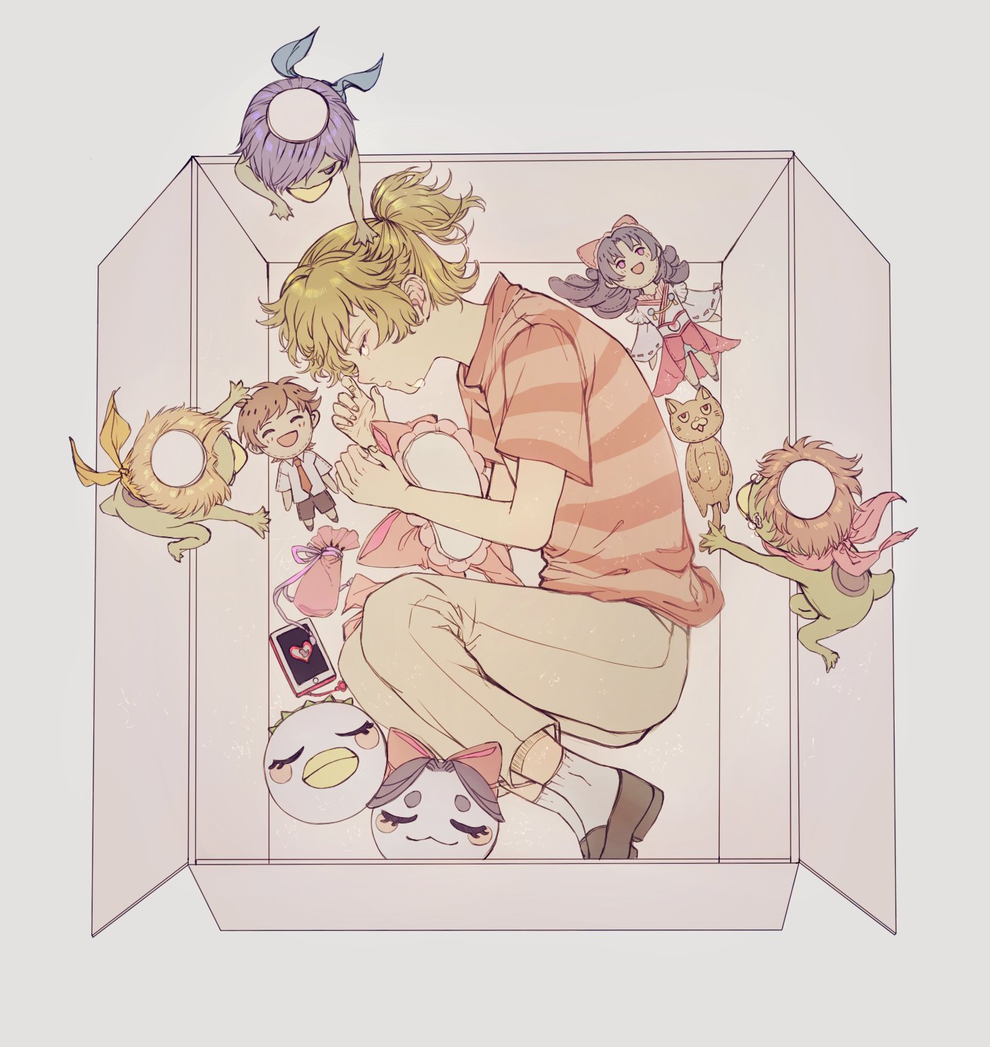 azuma sara, jinnai enta, keppi, kuji toi, yasaka kazuki, sarazanmai, hashtag-only commentary, highres, 1boy, bandana, box, brown shoes, cardboard box, character doll, closed eyes, doll, hat, in box, in container, kappa, male focus, nyantaro (sarazanmai), pants, parted lips, ponytail, rinyu (rinyuowo), sad, shirt, shoes, short hair, simple background, socks, striped clothes, striped shirt, tears, white background, yasaka haruka