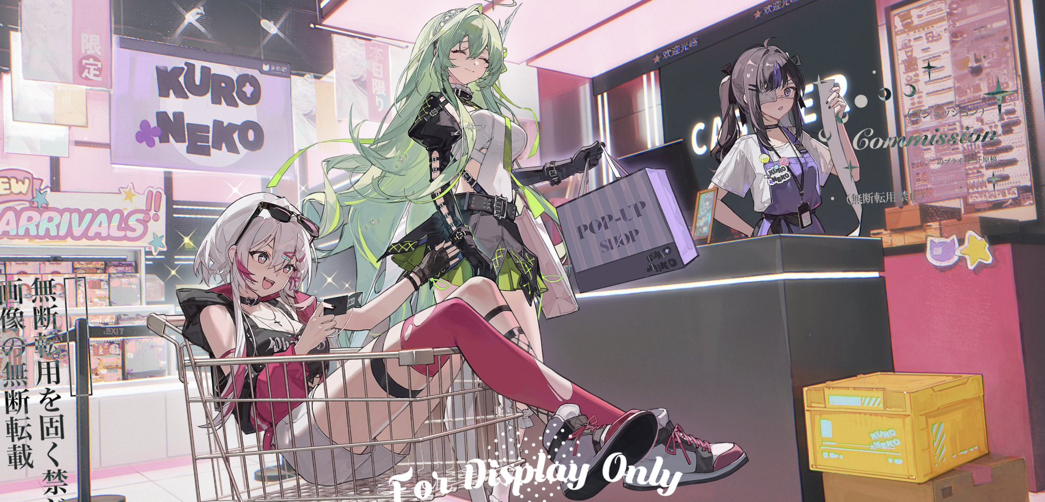 tochigi 1990, original, commission, highres, 3girls, bag, black gloves, black skirt, breasts, closed eyes, copyright name, eyewear on head, fingerless gloves, gloves, green hair, hair ornament, holding, holding phone, indoors, long hair, multiple girls, open mouth, phone, pink thighhighs, shirt, shoes, shopping, shopping bag, shopping cart, shorts, single thighhigh, skirt, smile, sneakers, sunglasses, thighhighs, torn clothes, torn thighhighs, white hair, white shirt