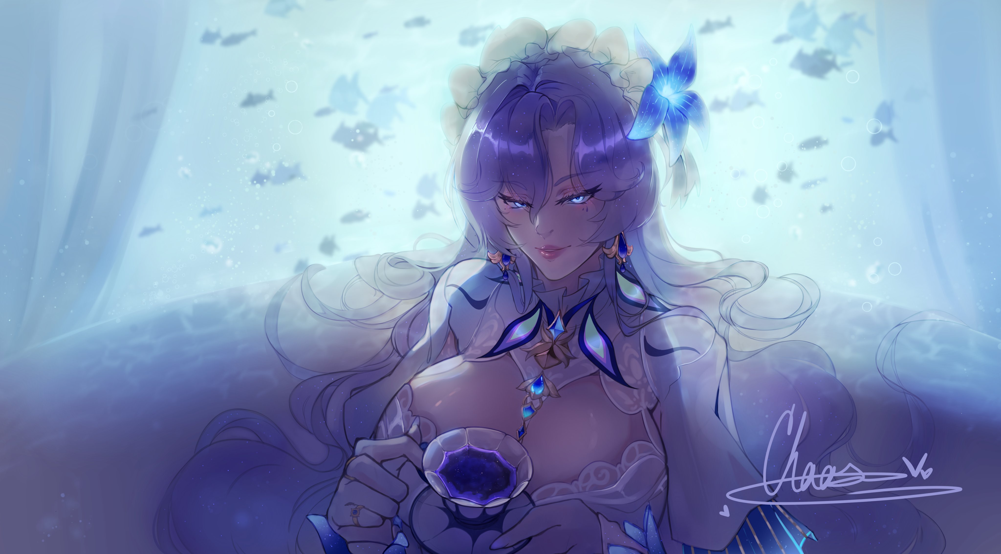 cantarella (wuthering waves), wuthering waves, absurdres, highres, 1girl, blue eyes, blue flower, breasts, cup, earrings, facial mark, fish, flower, goddessofchaos, hair between eyes, hair flower, hair ornament, hand up, headdress, holding, holding cup, jewelry, large breasts, long hair, looking at viewer, makeup, mark under eye, mole, mole under eye, nail polish, purple hair, purple nails, shrug (clothing), sitting, solo, teacup, very long hair, white shrug