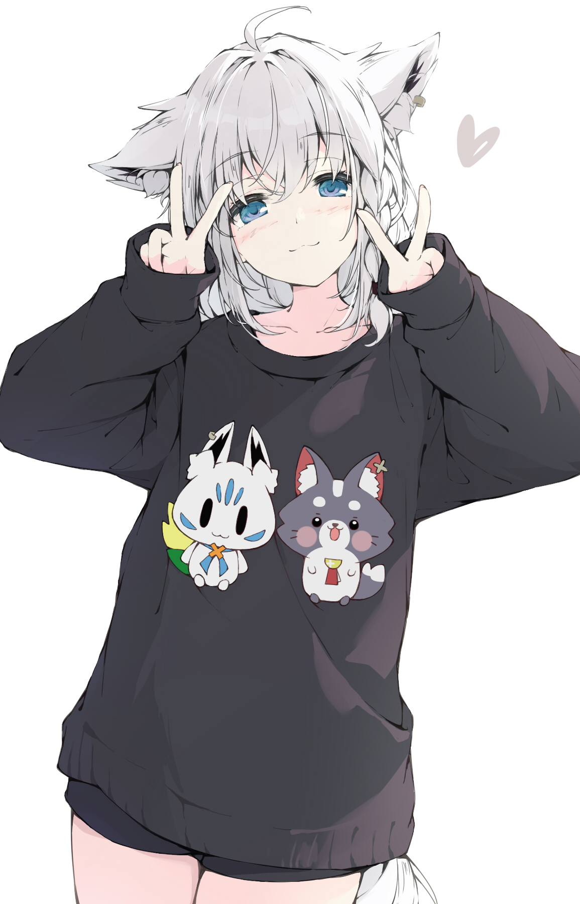 kusunoki (gwzx5574), miofa (ookami mio), shirakami fubuki, sukonbu (shirakami fubuki), hololive, highres, 1girl, animal ears, black shorts, black sweater, blue eyes, blush, braid, double v, extra ears, fox ears, fox girl, fox tail, long sleeves, looking at viewer, medium hair, short shorts, shorts, side braid, simple background, sleeves past wrists, sweater, tail, v, virtual youtuber, white background, white hair