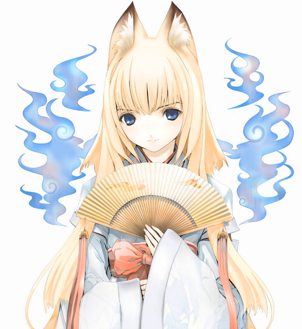 houden eizou, tenko kuugen, wagaya no oinari-sama, official art, 00s, 1girl, animal ears, blonde hair, blue eyes, female focus, folding fan, fox ears, hand fan, japanese clothes, long hair, miko, solo