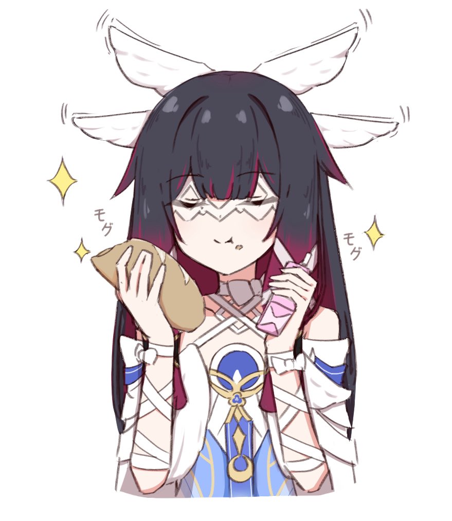 chirun0, columbina (genshin impact), genshin impact, 1girl, :t, black hair, bow, closed eyes, closed mouth, crumbs, dress, eating, food, food on face, head wings, holding, holding food, holding juice box, juice box, long hair, multicolored hair, pink hair, ribbon, simple background, solo, two-tone hair, upper body, white background, white bow, white dress, white ribbon, white wings, wings