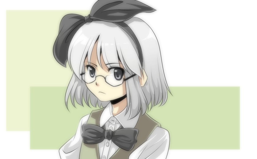 urin, konpaku youmu, touhou, silver hair, bad id, bad pixiv id, 1girl, bespectacled, black eyes, bob cut, bow, female focus, glasses, hairband, short hair, solo, upper body, vest