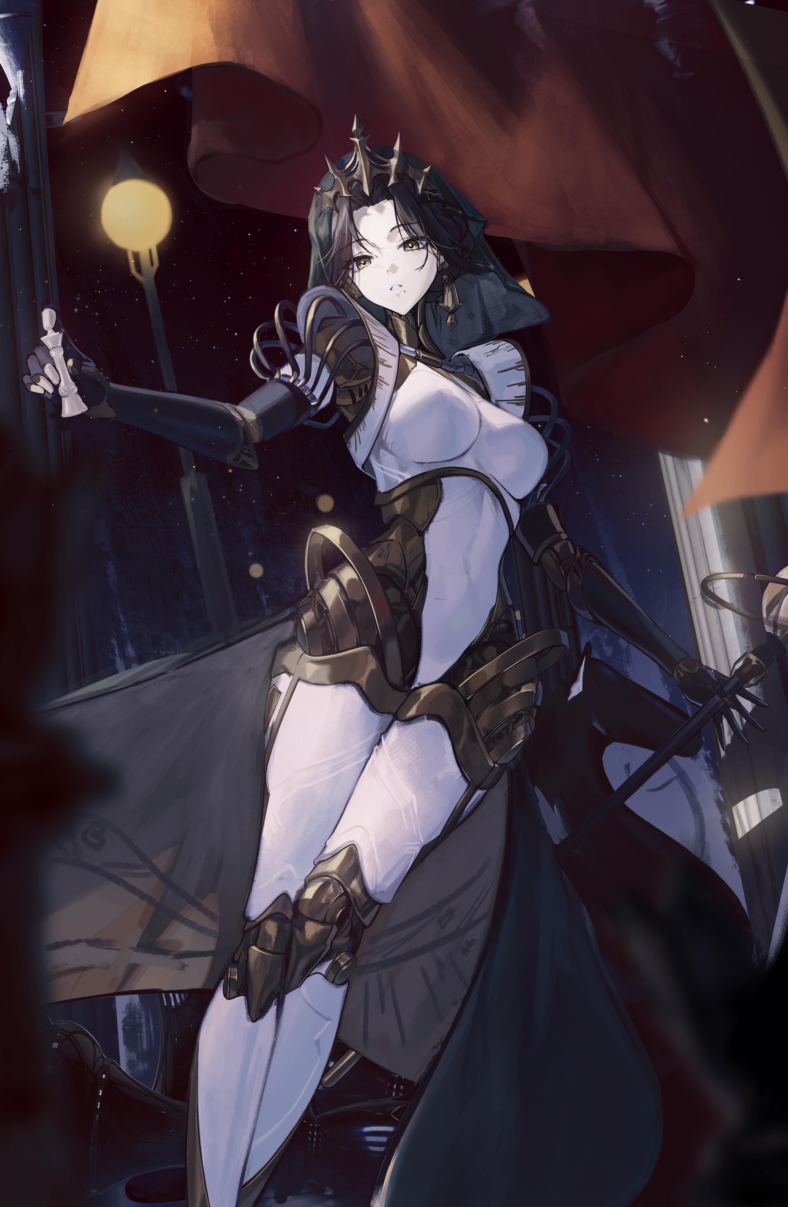sasa (sasa ekakiman), lucy (reverse:1999), reverse:1999, absurdres, commentary request, highres, tagme, 1girl, black hair, chess piece, feet out of frame, holding, holding chess piece, humanoid robot, looking at viewer, mole, mole under mouth, official alternate costume, parted lips, robot, solo, standing