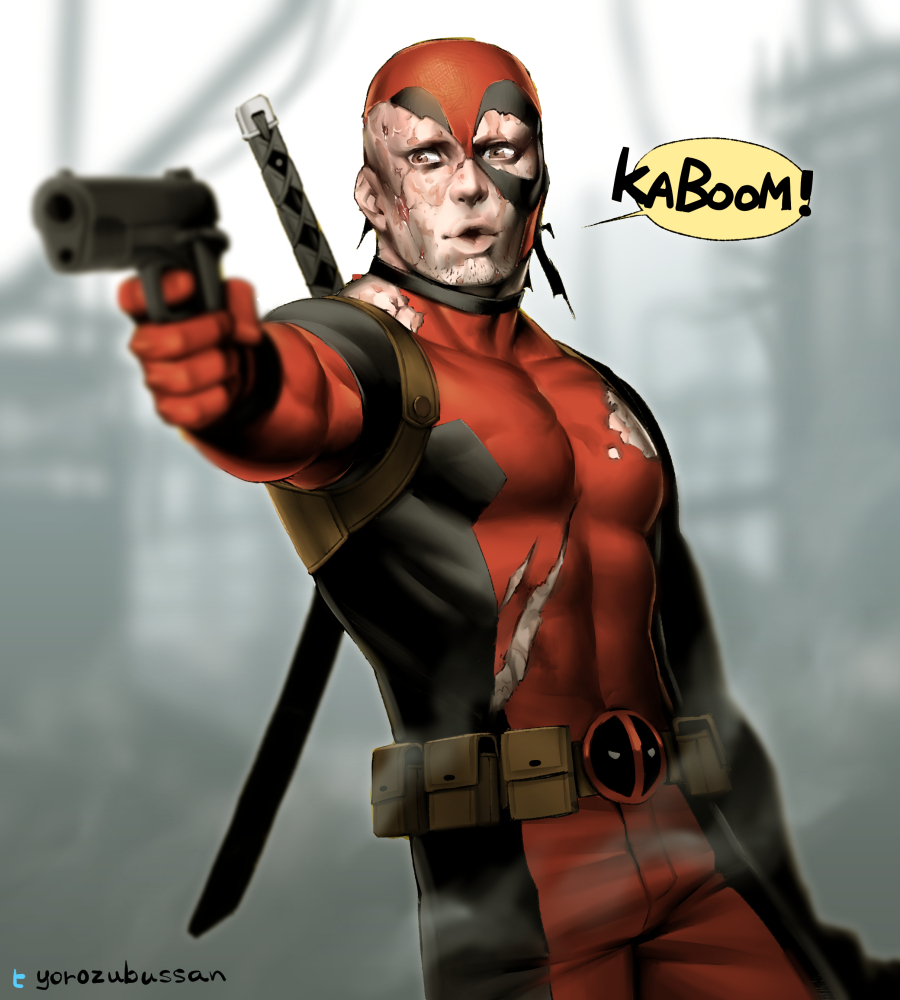 yorozu, deadpool, marvel, 1boy, aiming, belt, belt buckle, blurry, blurry background, bodysuit, brown eyes, buckle, disfigured, gun, holding, holding gun, holding weapon, male focus, muscular, muscular male, pectorals, red bodysuit, sheath, sheathed, solo, speech bubble, superhero costume, sword, torn bodysuit, torn clothes, twitter username, utility belt, weapon, weapon on back