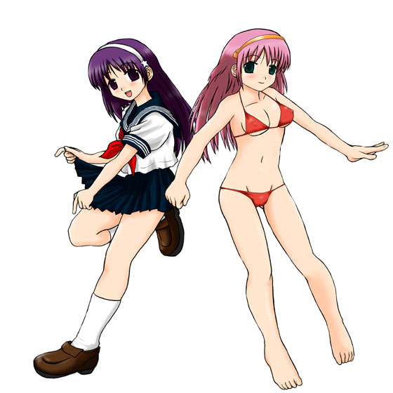 yorunosuke, asamiya athena, princess athena, athena (series), snk, the king of fighters, 2girls, barefoot, bikini, long hair, multiple girls, pink hair, purple eyes, purple hair, red bikini, school uniform, serafuku, swimsuit