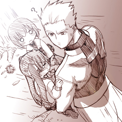 st parasu, archer (fate), matou sakura, tohsaka rin, fate/stay night, fate (series), lowres, 00s, 1boy, 2girls, ?, aged down, chestnut, child, frown, monochrome, multiple girls, o o, pink theme, tears