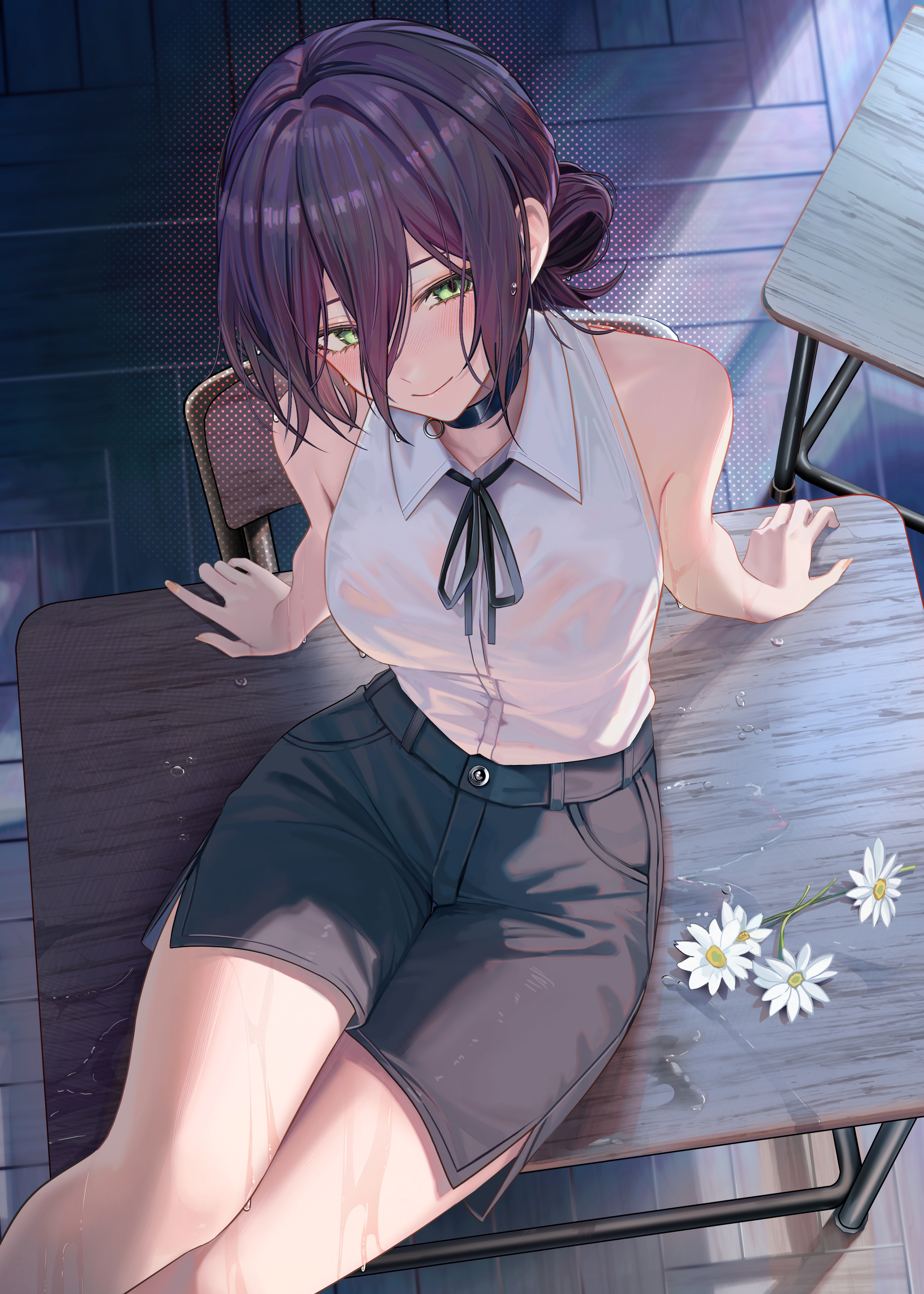 ru zhai, reze (chainsaw man), chainsaw man, absurdres, commentary, highres, large variant set, paid reward available, variant set, 1girl, arm support, bare shoulders, black choker, black ribbon, black shorts, blush, breasts, choker, closed mouth, collared shirt, desk, feet out of frame, fingernails, from above, green eyes, hair between eyes, indoors, looking at viewer, looking up, medium breasts, neck ribbon, on desk, purple hair, ribbon, shirt, shirt tucked in, short hair, shorts, sitting, sleeveless, sleeveless shirt, smile, solo, thighs, wet, wet clothes, wet shirt, white shirt