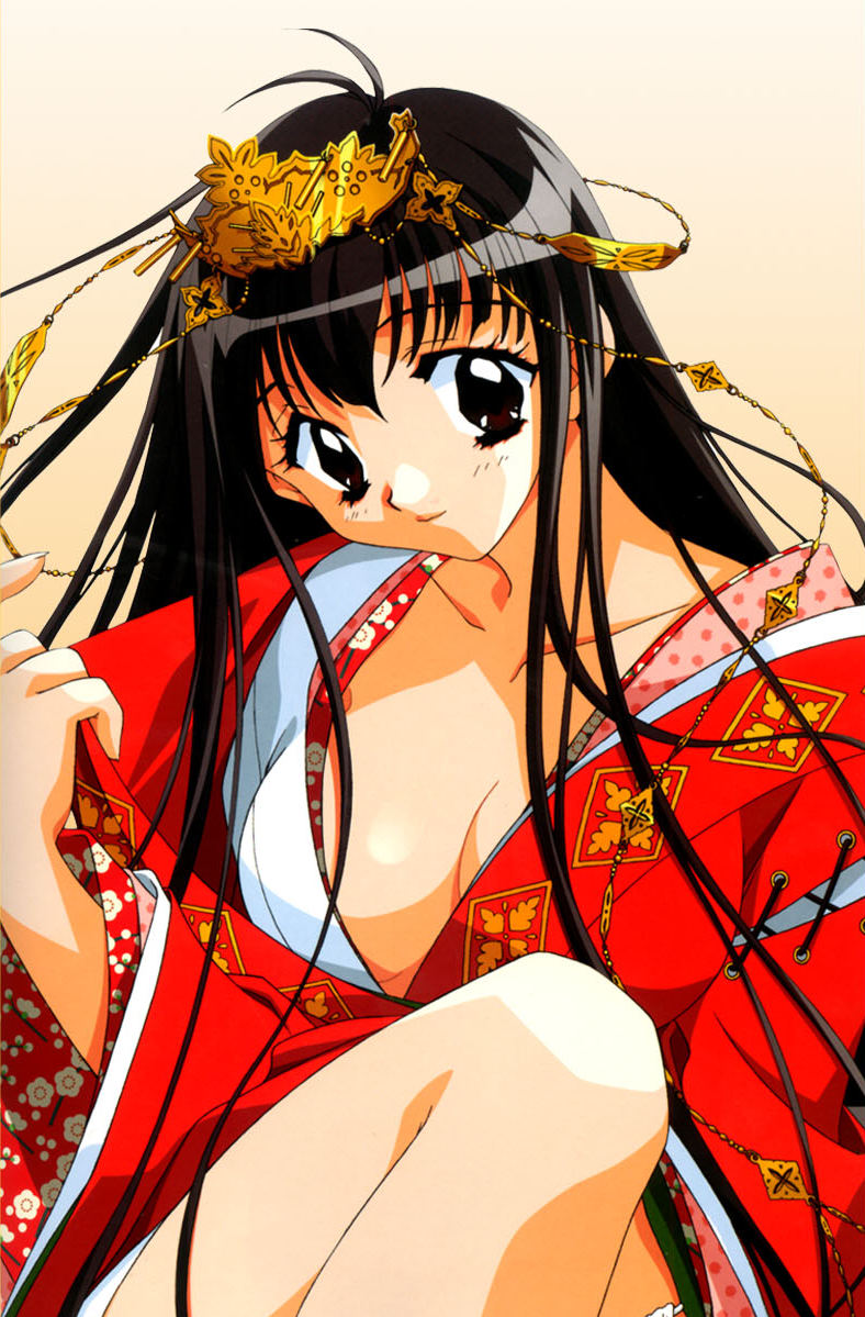 kadoi aya, non-web source, 1girl, black hair, breasts, brown eyes, cleavage, crown, female focus, japanese clothes, kimono, large breasts, long hair, solo