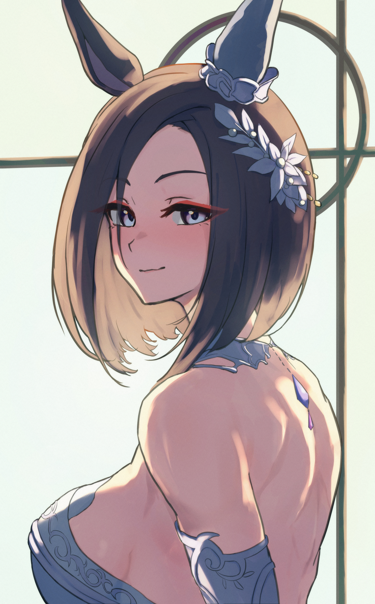 harakomeshi, air groove (quercus civilis) (umamusume), air groove (umamusume), umamusume, highres, 1girl, animal ears, blue eyes, breasts, brown hair, closed mouth, dress, ear covers, from behind, hair ornament, horse ears, horse girl, large breasts, looking at viewer, looking back, short hair, sideboob, single ear cover, smile, solo, wedding dress