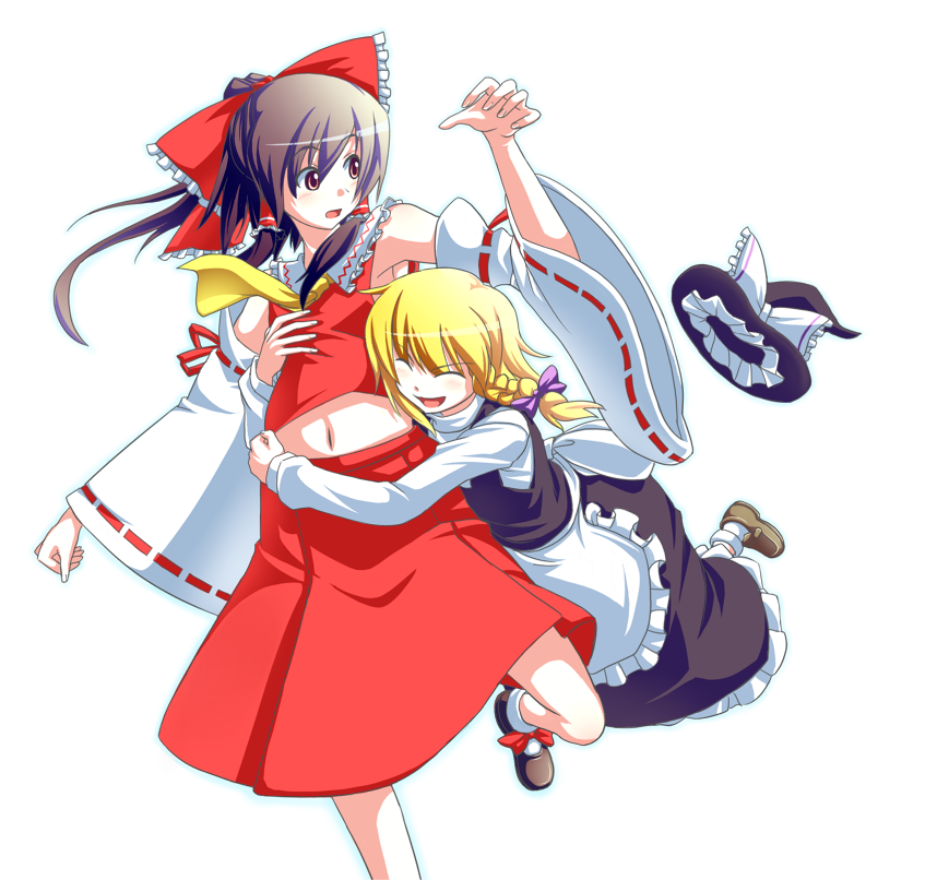mendou saya, hakurei reimu, kirisame marisa, touhou, bad id, bad pixiv id, 2girls, blonde hair, bow, braid, brown hair, detached sleeves, female focus, glomp, hair bow, hair ribbon, hat, hat ribbon, hug, japanese clothes, midriff, miko, multiple girls, navel, ponytail, pregnant, ribbon, shoes, simple background, skirt, socks, unworn hat, unworn headwear, witch, witch hat