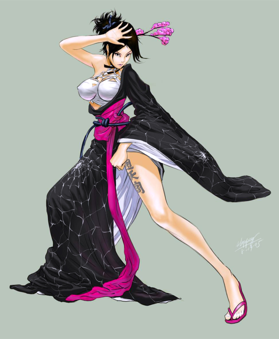 sloppey, kazama asuka, tekken, 1girl, alternate costume, bandages, bare leg, breasts, female focus, flower, geisha, japanese clothes, kimono, large breasts, open hand, open palm, sarashi, silk, solo, spider web, tattoo, wrapped