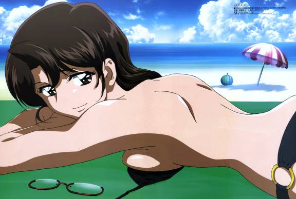 ebihara chinami, code-e, mission-e, 00s, 1girl, beach, bikini, day, female focus, glasses, lying, ocean, solo, swimsuit