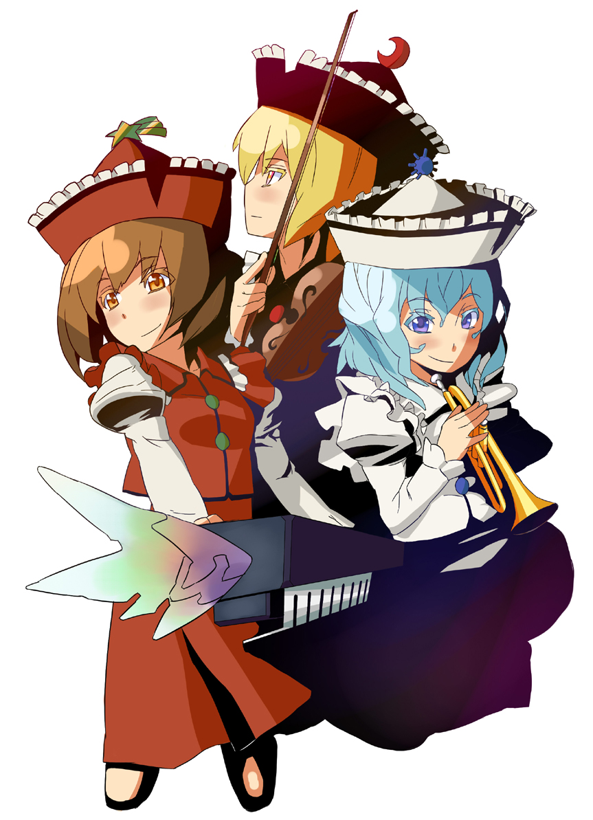 lieutenant dan, lunasa prismriver, lyrica prismriver, merlin prismriver, touhou, 3girls, female focus, instrument, keyboard, keyboard (instrument), multiple girls, siblings, sisters, synthesizer, trumpet, violin